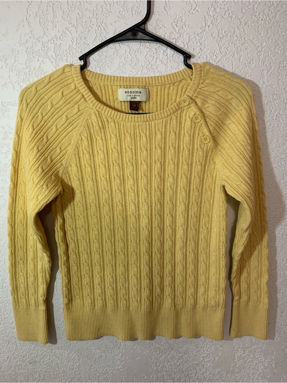 Sonoma Pale Yellow Cable Knit Crewneck Sweater with Shoulder Buttons